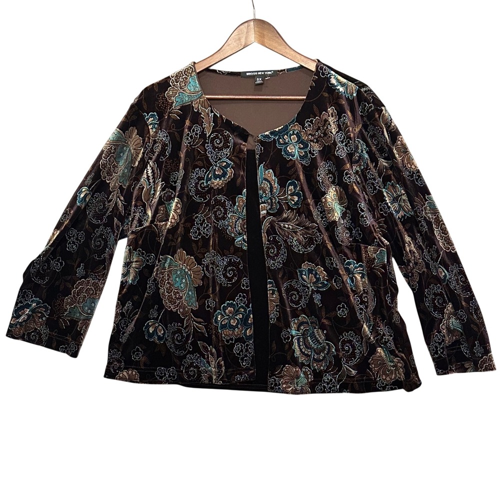 Briggs New York Womens 2X Velvet Two-Fer Floral Cardigan Camisole‎ Brown Teal